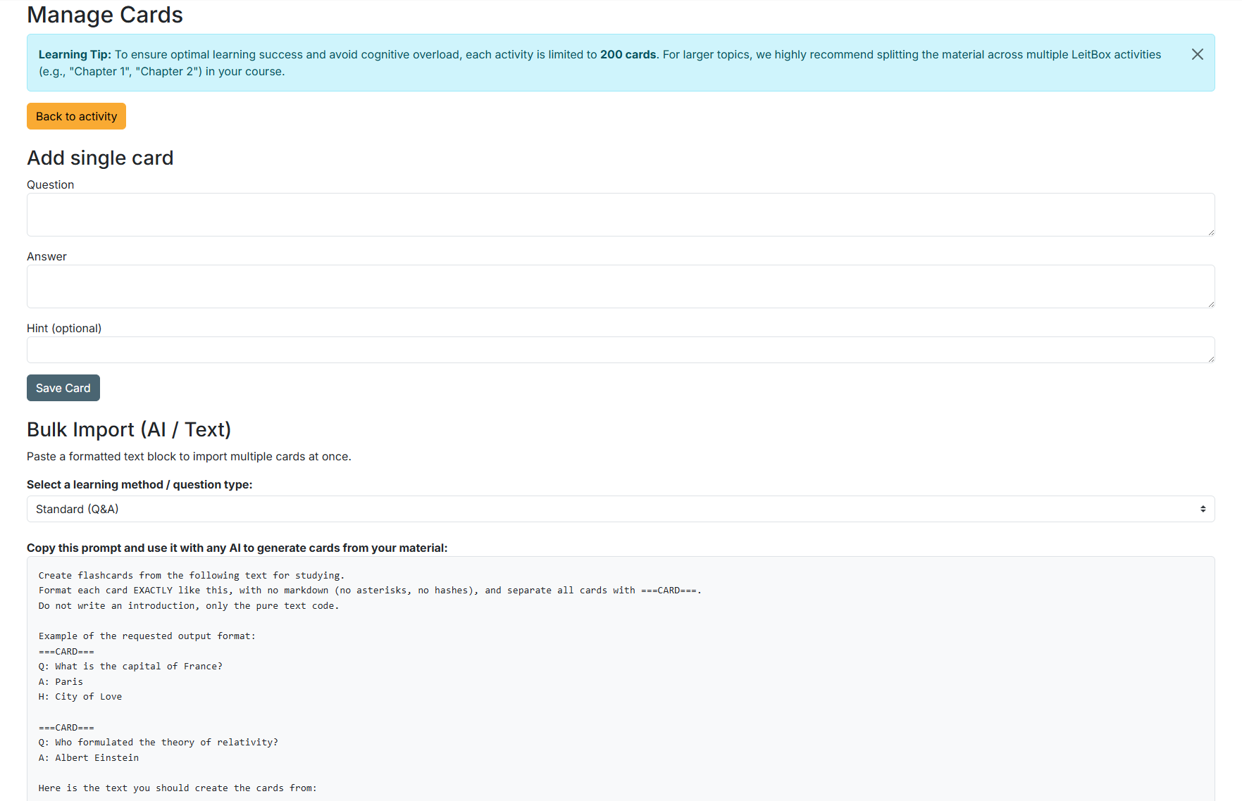 Bulk import screen with a ready-to-use AI prompt template