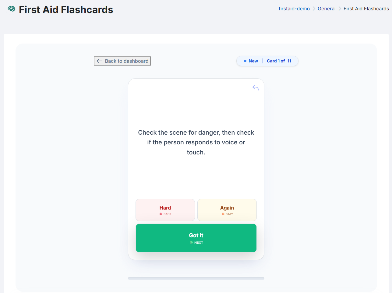 Flashcard back side with the answer and three rating buttons