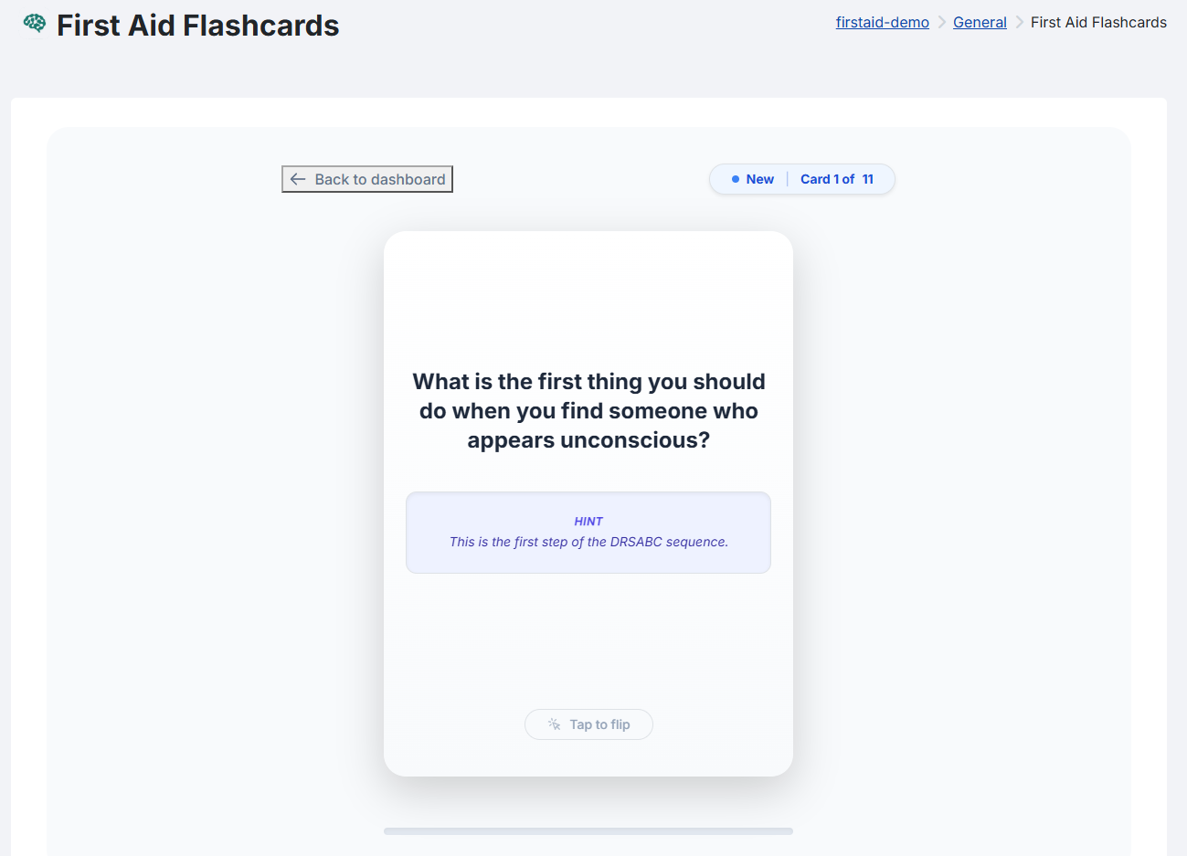 Flashcard front side showing a question and an optional hint