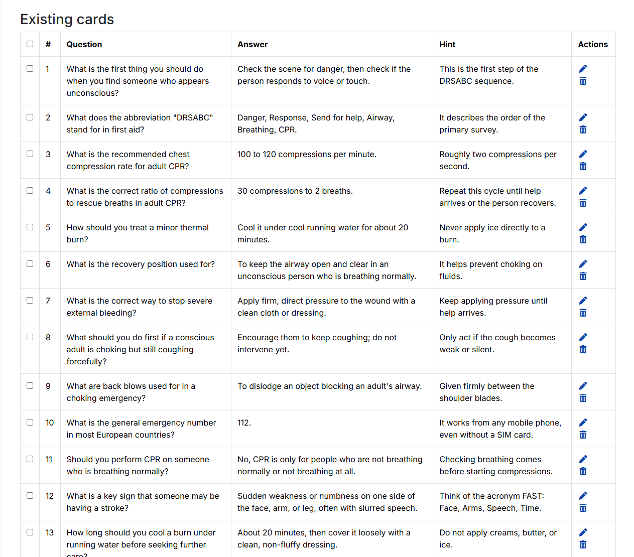 Card management table listing every flashcard with edit and delete actions